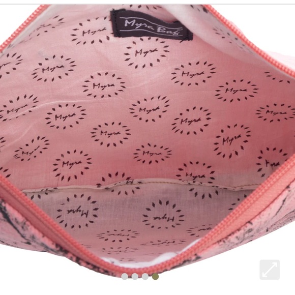 NWT Myra Bag Pink Clutch Black Floral Vadito Meadow Pouch Leather Accents Tassel - Picture 6 of 15
